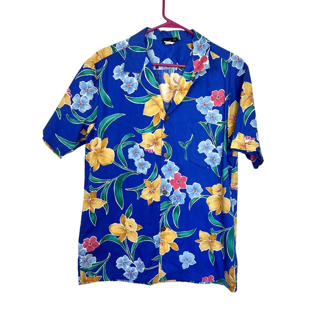 Vtg Mens Hawaiian Shirt Large Floral Blue Les Tropiques Cotton Resortwear